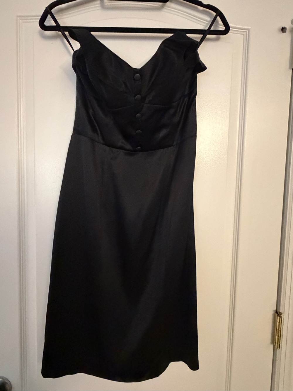 Vintage Betsey Johnson Black Strapless Satin Button Dress with Ruffle Trim